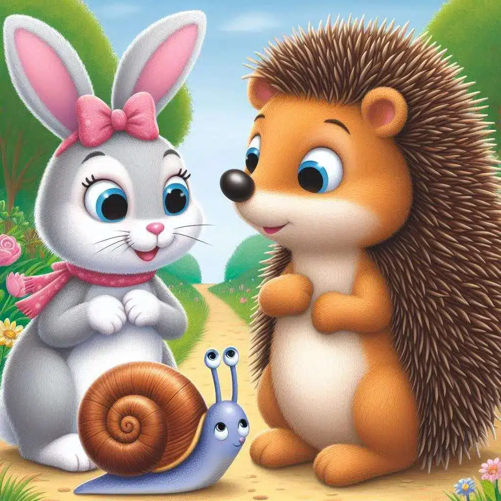 Hare, hedgehog and snail in cartoon style
