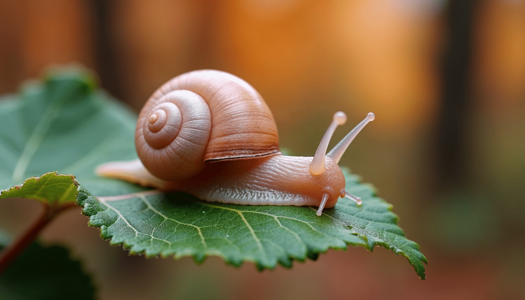 A pale pink snail on a dewy green leaf