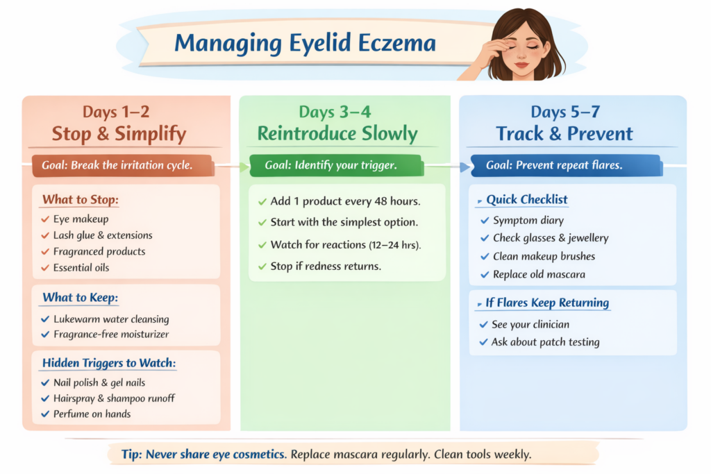 Infographic summarising triggers and prevention steps for eyelid dermatitis