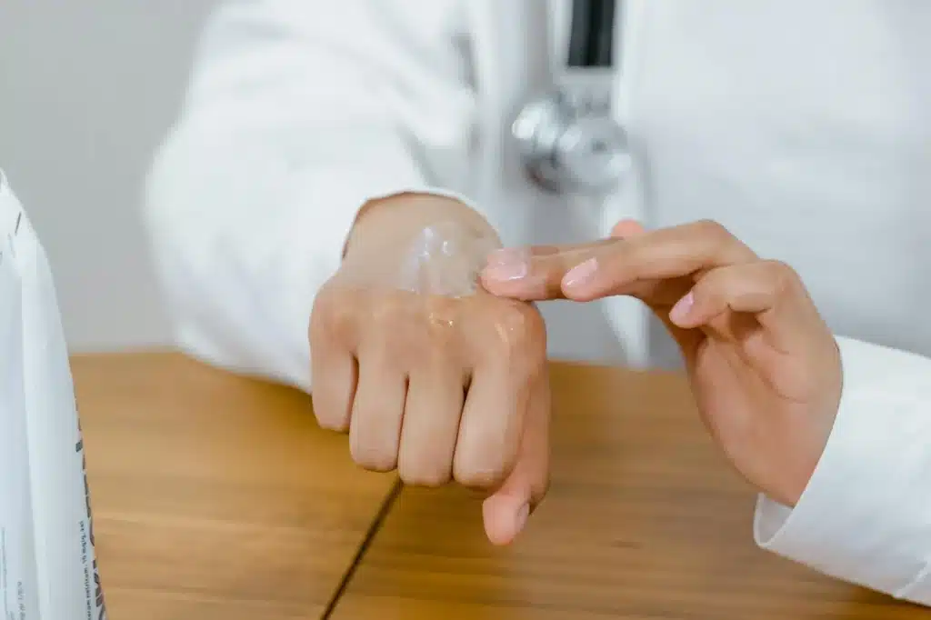 Close-up of dyshidrotic eczema blisters on the hand