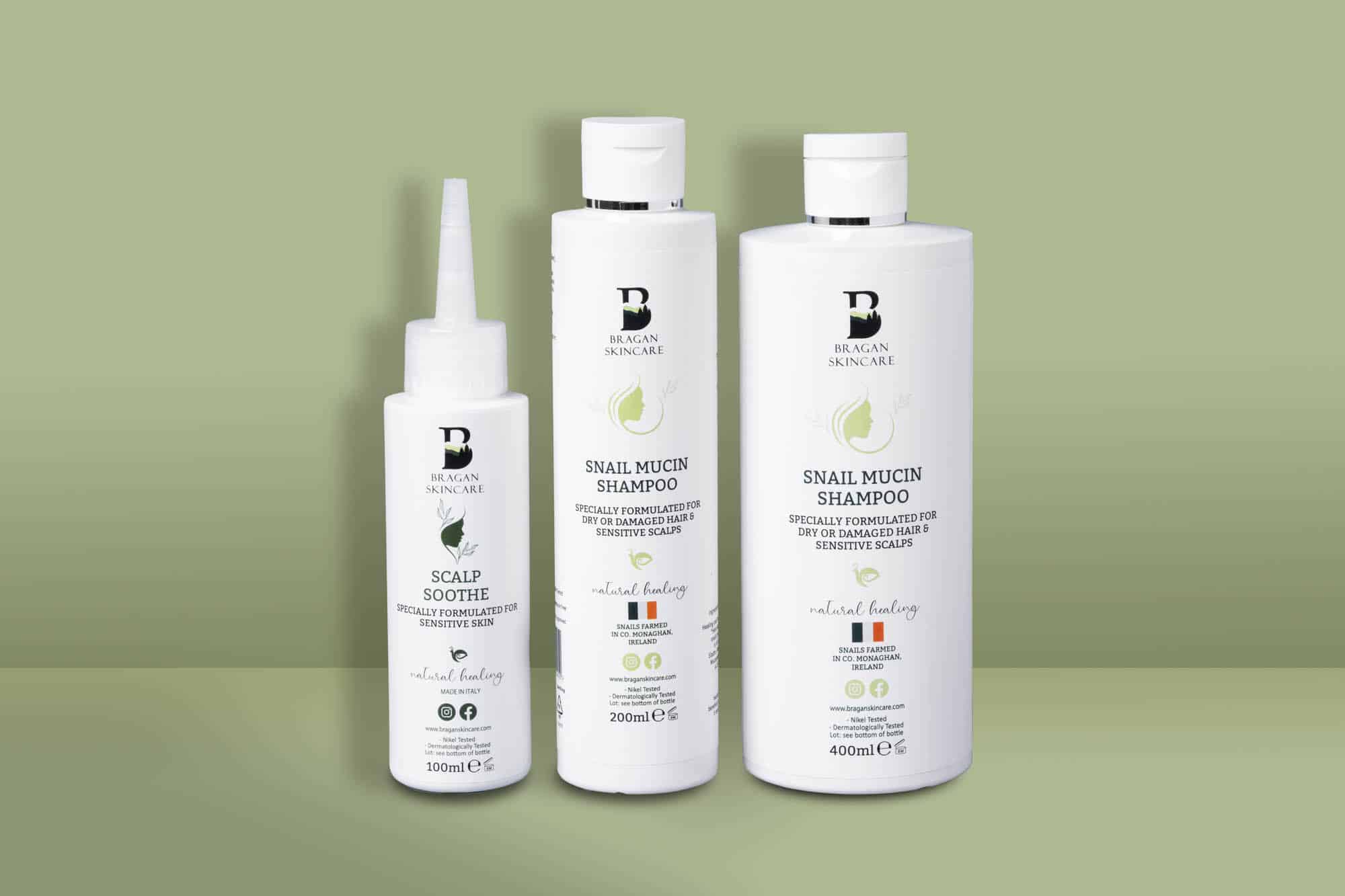 Bragan Skincare Shampoo 400ml, Conditioner 200ml and Scalp Soothe Bundle – complete hair and scalp care set with snail mucin for soothing and hydration