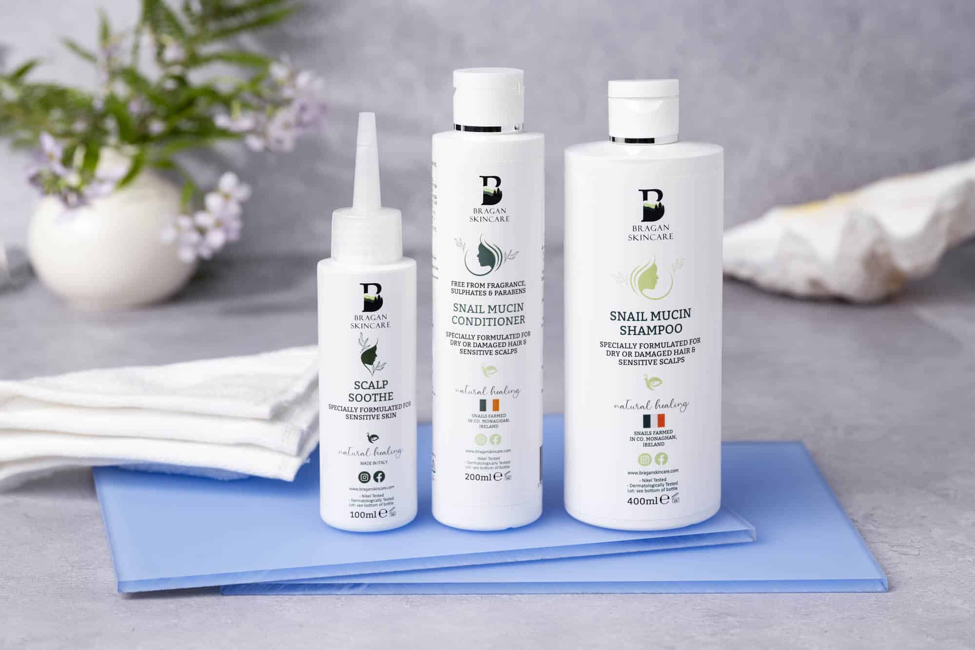 Bragan Skincare Shampoo 400ml, Conditioner 200ml and Scalp Soothe Bundle – complete hair and scalp care set with snail mucin for soothing and hydration