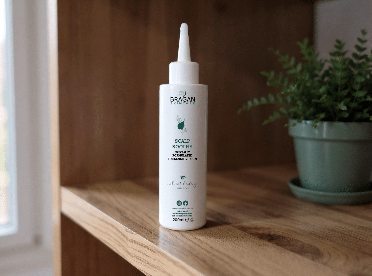 Bragan Skincare Scalp Treatment. A leave-in scalp treatment cream made with snail mucin. Designed to treat dry itchy scalps. Natural and fragrance free. Suitable for those with sensitive skin and conditions such as eczema, dermatitis and psoriasis.